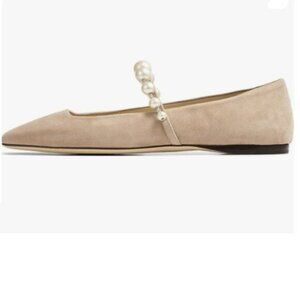 FOWT Women Square Toe Slip on Flats Pearl Studded Strap Elegant Pumps Nude